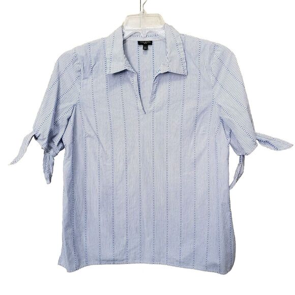 Talbots Petite Cotton Blue Striped Tie-Sleeve Side-Zip Blouse Size LP - Picture 1 of 7